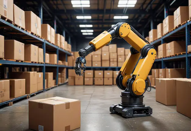 yellow-robot-is-sitting-warehouse-with-boxes_717440-24737