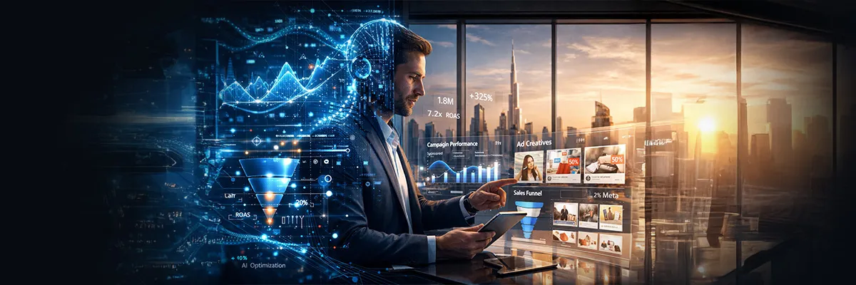 CMO perspective dashboard visual showing unified attribution, ROI-focused campaigns, and cross-channel strategy outcomes from aligning a meta ads agency with a meta partner agency for growth-focused brands.