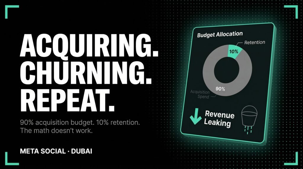Meta Social Dubai — Most UAE brands spend 90% on acquisition and under 10% on retention. The leaking bucket kills compounding growth.
