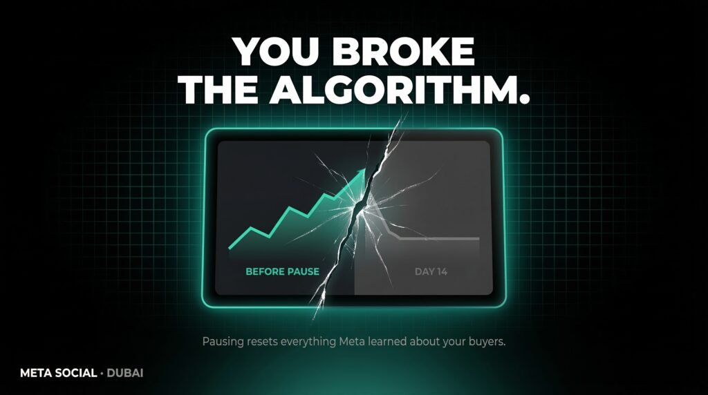 Meta Social Dubai — Pausing Meta ads breaks algorithm learning. The campaign you restart is not the campaign you paused