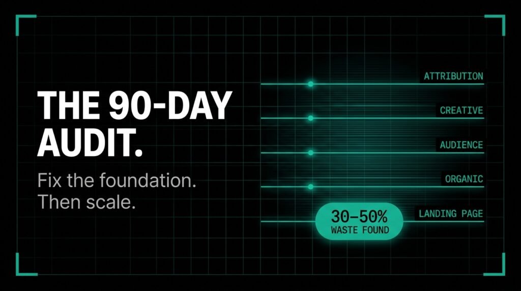 90-day marketing audit dashboard showing attribution, creative, audience and landing page analysis highlighting 30-50% wasted ad spend.
