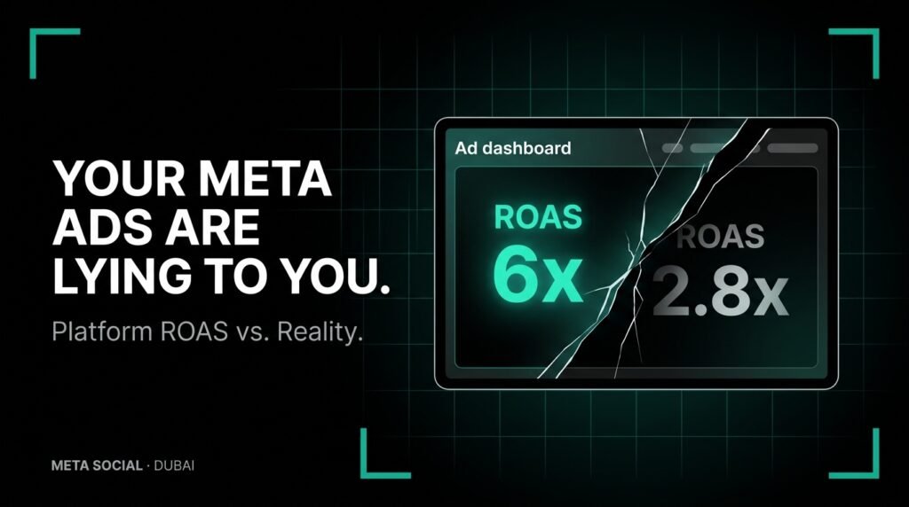 Meta ads dashboard comparison showing inflated 6x ROAS versus actual 2.8x performance on a cracked analytics screen