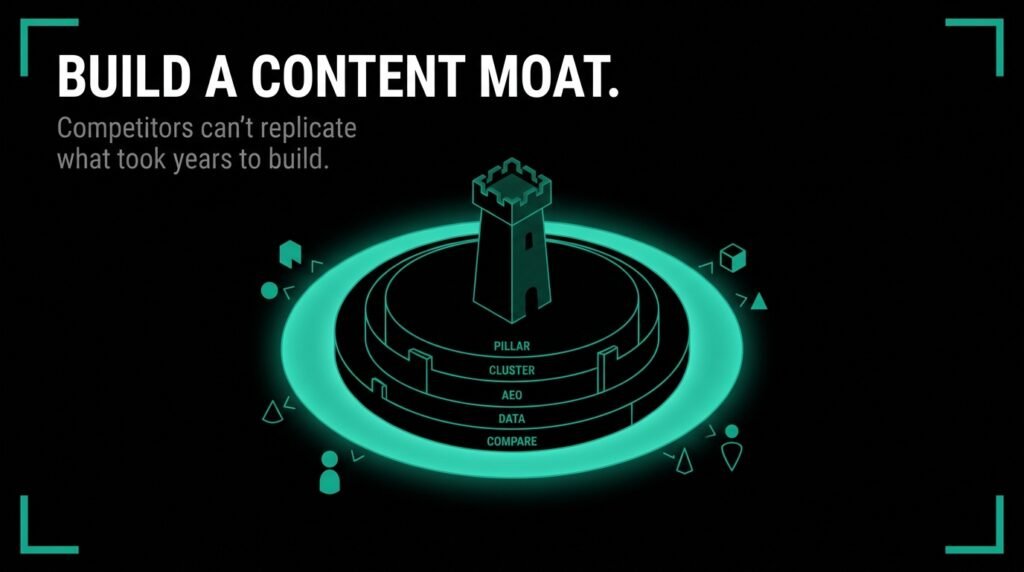 Digital illustration of a fortress surrounded by layers representing pillar content, clusters and data strategy forming a content moat.