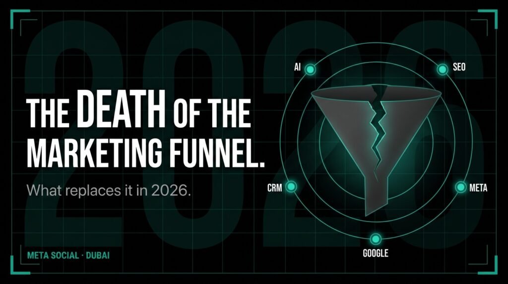 Broken marketing funnel graphic connected to AI, SEO, CRM, Google and Meta showing the evolution of marketing in 2026