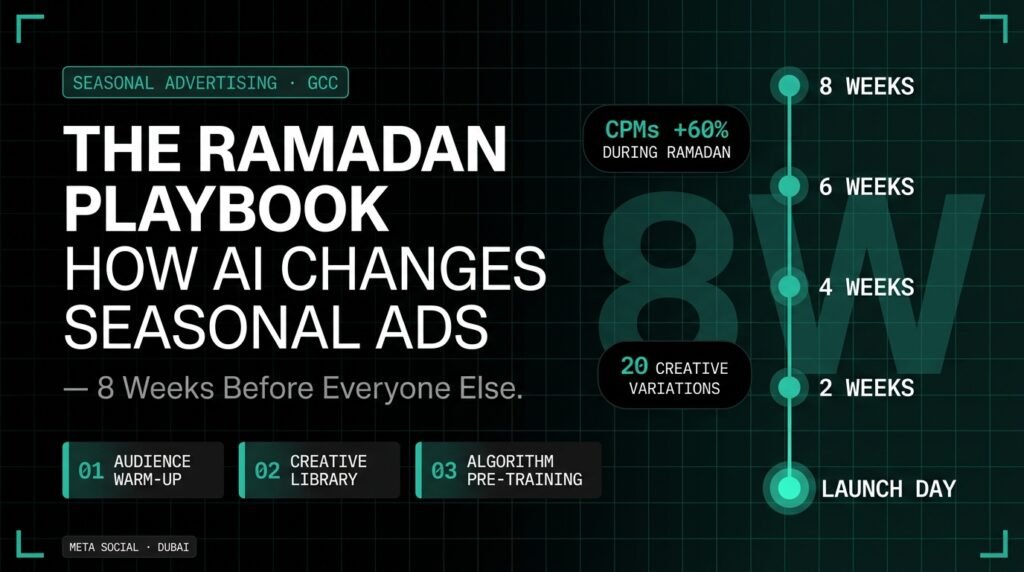 Seasonal advertising strategy timeline showing AI-driven Ramadan campaign preparation eight weeks before launch.