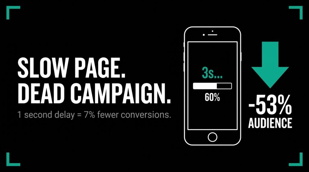 Smartphone loading screen showing slow page speed reducing campaign performance and audience retention.