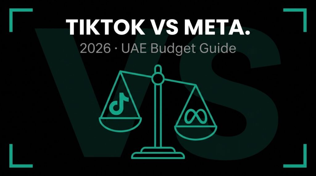 Balance scale comparing TikTok and Meta platforms in a 2026 UAE advertising budget strategy.