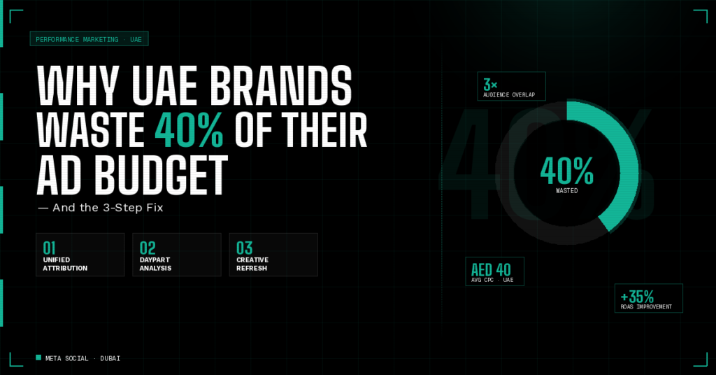 Performance marketing dashboard showing UAE brands wasting 40% of advertising budget due to attribution and audience overlap