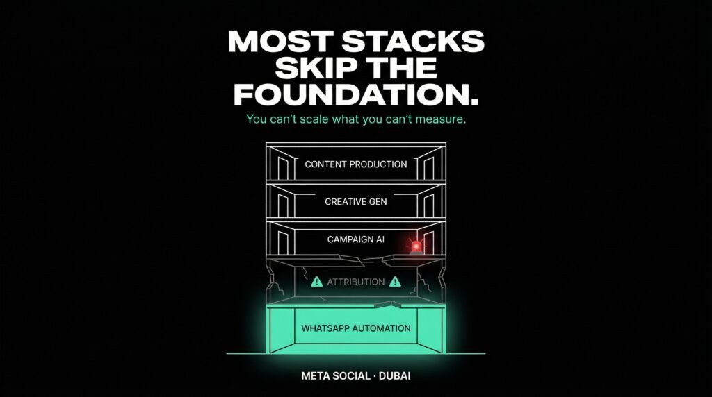 Meta Social — The AI tools stack Dubai marketing teams need has five floors. Most teams skipped Attribution on the second floor — making everything built above it unscalable.