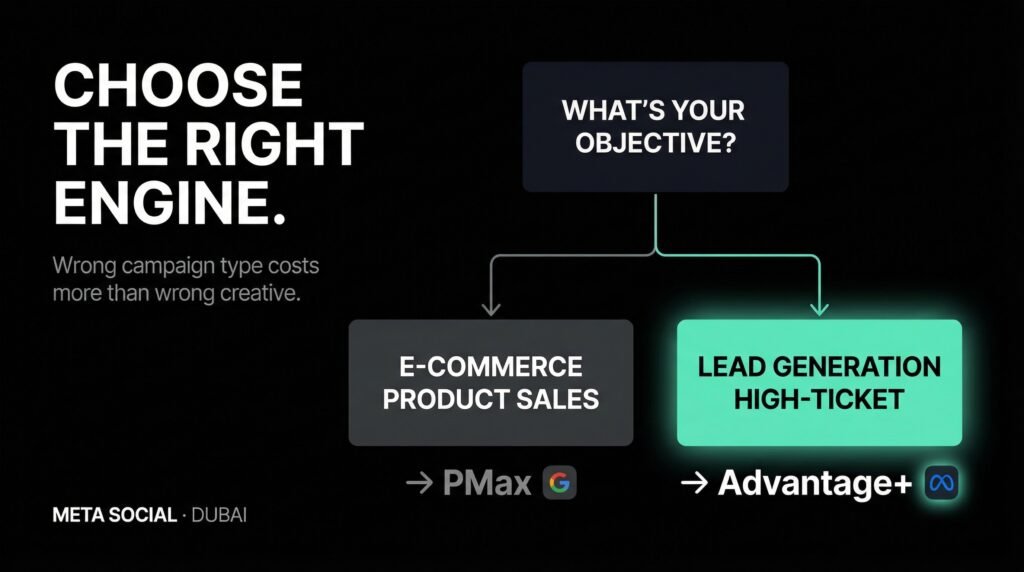 Meta Social Dubai — Choosing between Google PMax and Meta Advantage+ depends on your objective. E-commerce points to PMax. Lead generation and high-ticket UAE categories point to Advantage+.