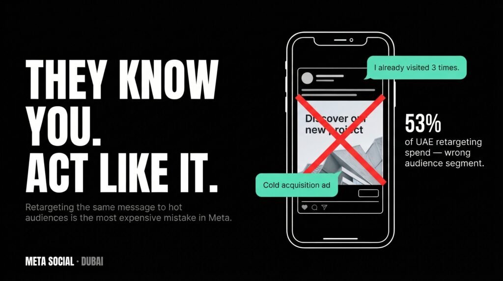 Meta Social Dubai — Showing cold acquisition creative to warm retargeting audiences wastes 53% of UAE retargeting spend and signals irrelevance to buyers ready to convert.