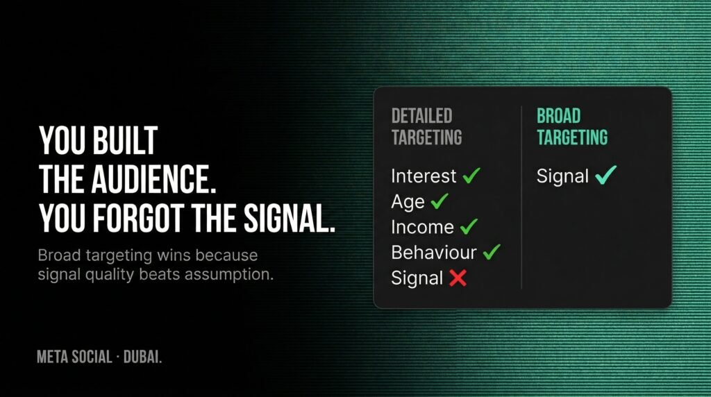 Meta Social — Detailed targeting checks every box except the one that matters. Broad targeting with qualified conversion signal consistently outperforms in UAE markets.