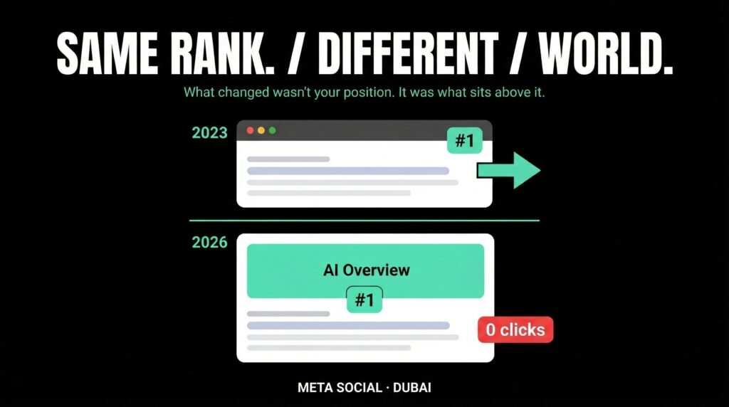 Meta Social Dubai — The same #1 ranking that drove strong organic traffic in 2023 delivers near-zero clicks in 2026 when a Google AI Overview sits above it capturing the page.