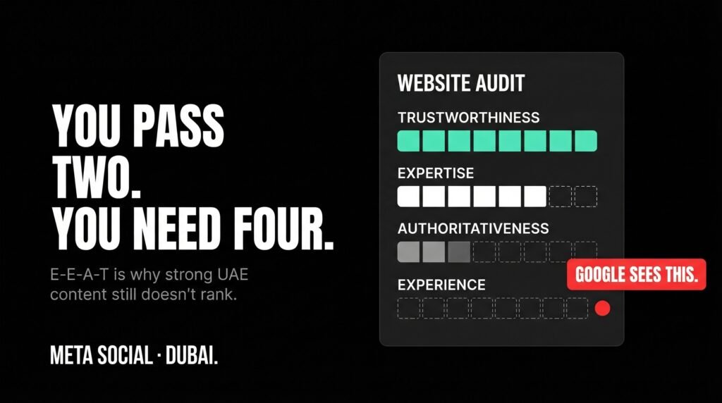 Meta Social — Google's E-E-A-T framework scores four signals. Most UAE brands only pass Trustworthiness and Expertise — missing Authority and Experience entirely.