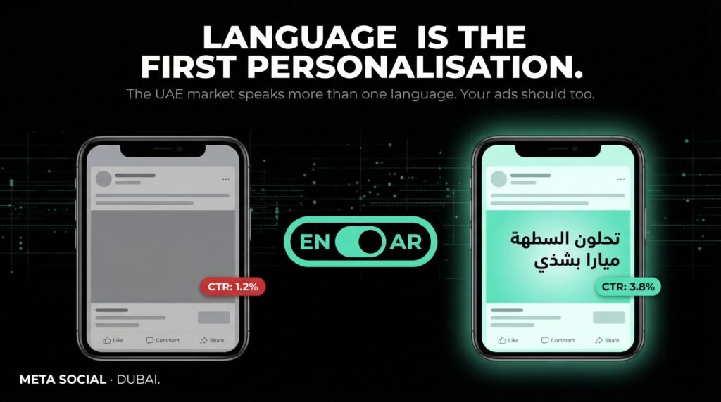 Meta Social Dubai — Switching from English to Arabic creative increases CTR by 3× for UAE Arabic-speaking audience segments. Language is the minimum viable personalisation layer.