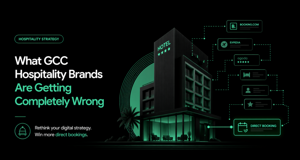 Black and green banner illustrating hospitality digital marketing flow, comparing third-party booking platforms with direct booking optimization