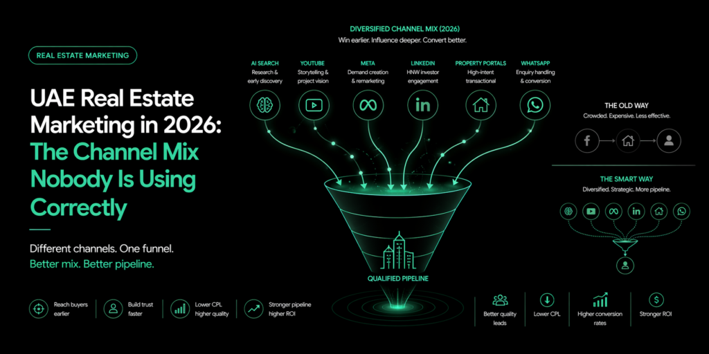 Abstract black and green banner with multiple input streams feeding a central funnel, illustrating effective channel mix in marketing strategy