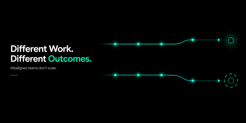 Minimal black and green banner with parallel flows leading to different results, representing disconnected goals between internal teams and agencies