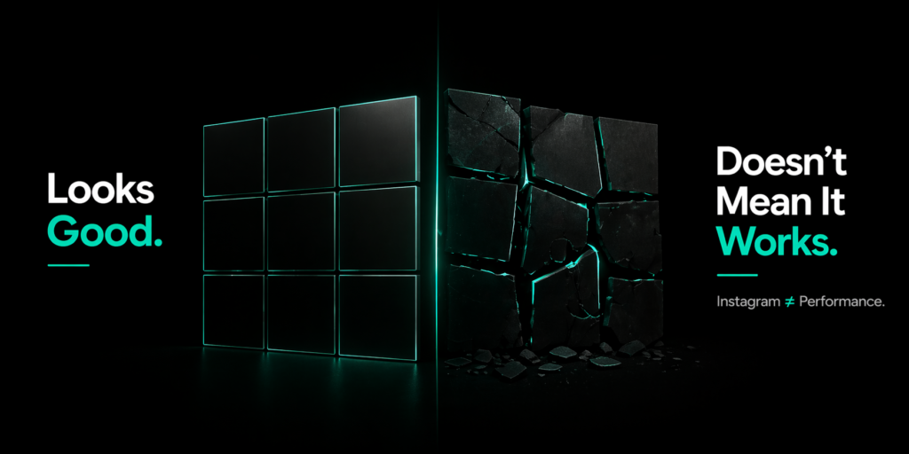 Dark minimal banner contrasting polished visuals with broken structure, illustrating that a marketing agency’s appearance does not reflect its actual performance capability