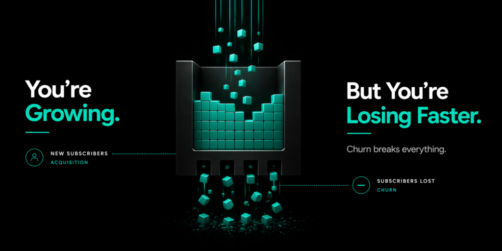 Dark minimal banner showing a system being filled while simultaneously leaking, illustrating how high churn undermines growth in subscription businesses