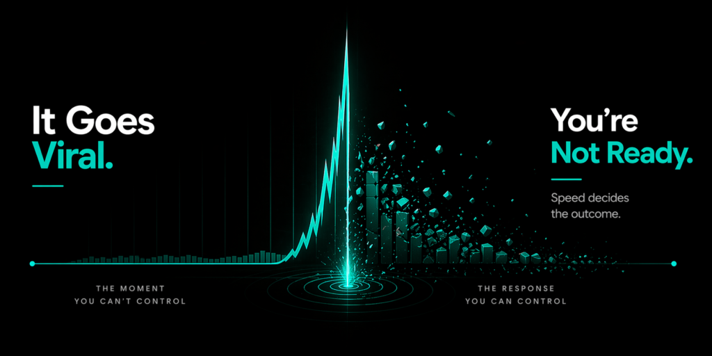 Dark minimal banner showing a sudden spike disrupting a stable system, illustrating how unprepared brands struggle during viral moments