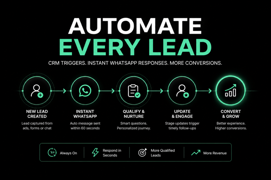 CRM and WhatsApp automation banner showing lead generation, instant response, lead nurturing, and conversion flow with “Automate Every Lead” headline in green and black minimal design.