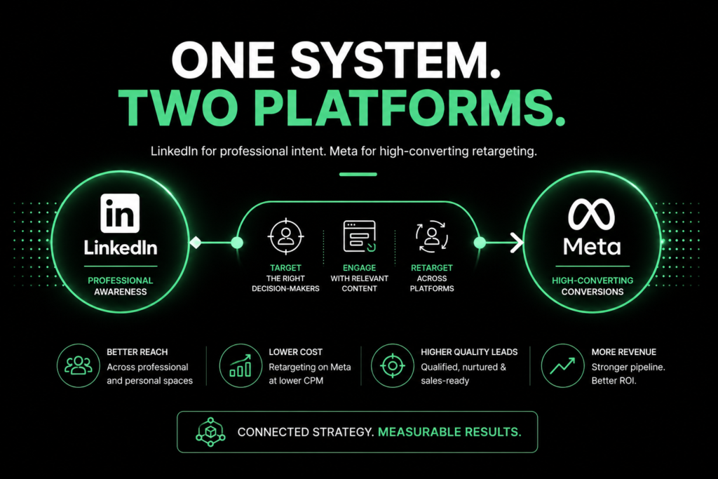 LinkedIn and Meta B2B marketing strategy banner showing cross-platform lead generation system from LinkedIn awareness to Meta retargeting and conversions with minimal black and green design.