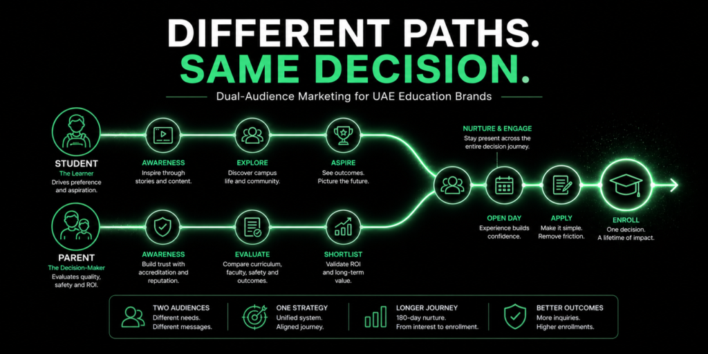 UAE education marketing banner showing dual audience journey for students and parents leading to enrollment with unified digital strategy and conversion flow in minimal black and green design.