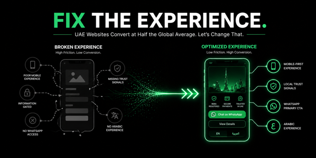 UAE website CRO banner showing transformation from poor user experience and low conversion to optimized mobile-friendly website with WhatsApp CTA, trust signals, and higher conversion rates in minimal black and green design.
