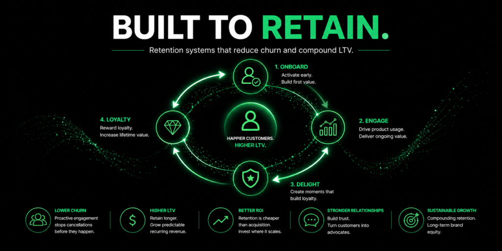 UAE subscription retention marketing banner showing customer lifecycle loop from onboarding to engagement, loyalty, and higher LTV with reduced churn in minimal black and green design.