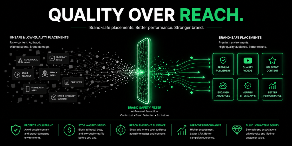 Brand safety digital advertising banner showing filtered ad placement flow from low-quality traffic to high-quality brand-safe impressions with improved performance in minimal black and green design.