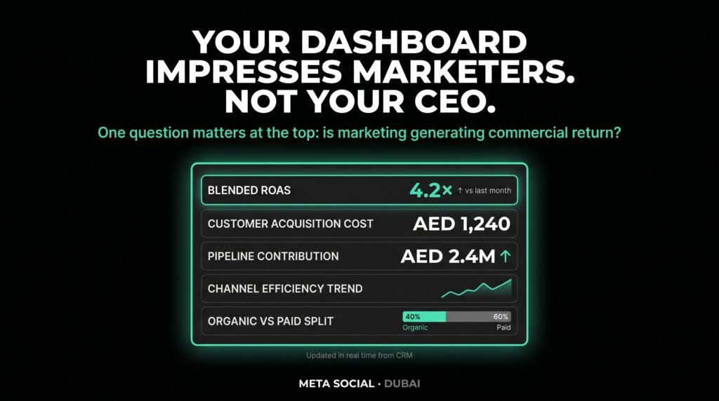 Meta Social Dubai — A CEO marketing dashboard shows five things: Blended ROAS, CAC, Pipeline contribution, Efficiency trend and Organic vs Paid ratio — all verified from CRM data.