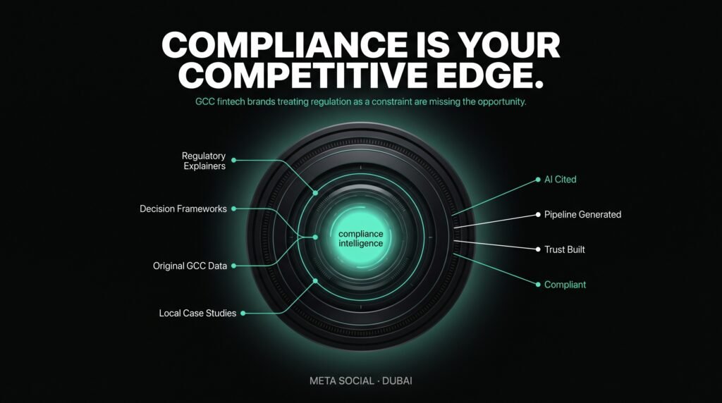 Meta Social — GCC fintech regulatory compliance is a content positioning advantage. Brands that publish regulatory explainers and original market data build pipeline and AI citation simultaneously