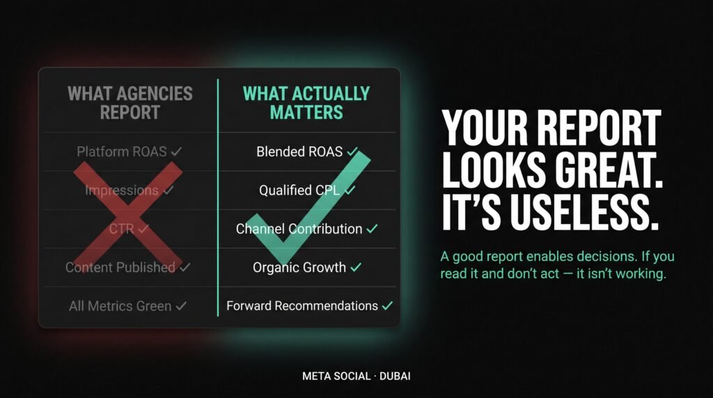 Meta Social Dubai — Most UAE agency reports show platform metrics designed to look impressive. Good reporting shows blended ROAS, qualified CPL and forward recommendations that create decisions