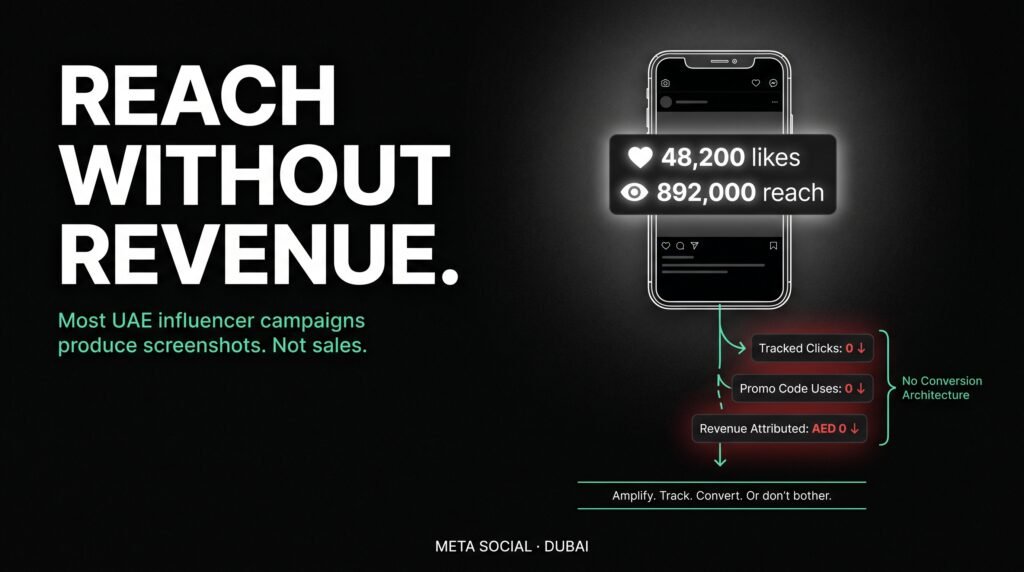 Meta Social Dubai — UAE influencer campaigns generate impressive reach and zero measurable revenue without UTM tracking, conversion architecture and paid amplification built in.