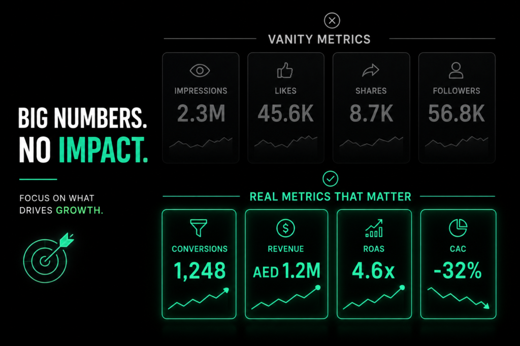 vanity metrics vs real marketing performance dashboard showing impressions and likes compared to revenue and conversions in UAE