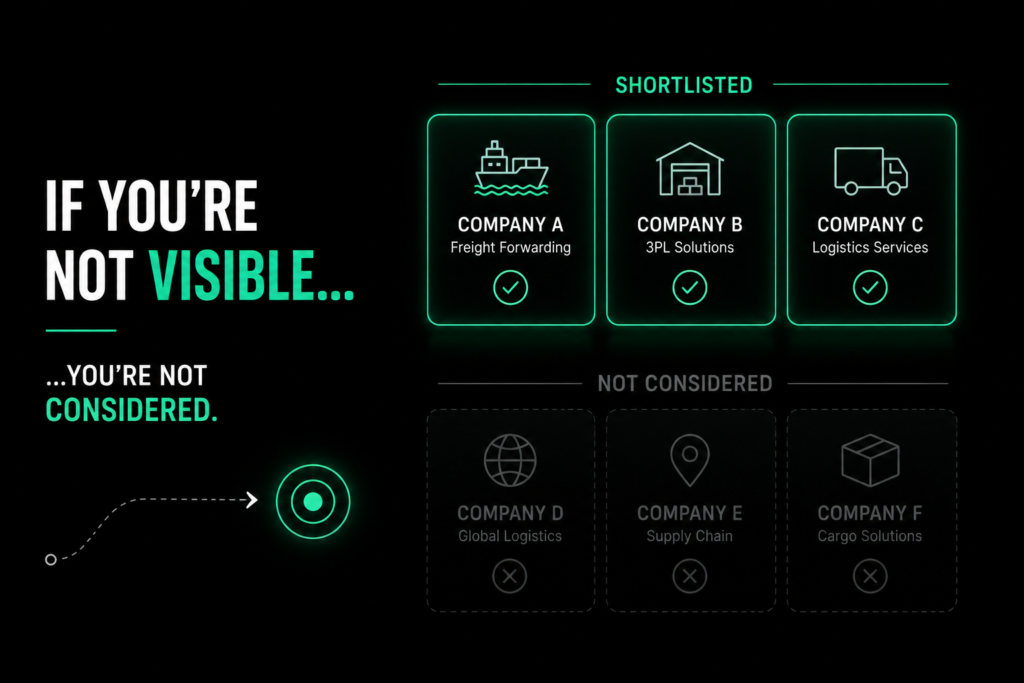 logistics marketing UAE concept showing shortlisted visible companies versus invisible competitors not considered by buyers