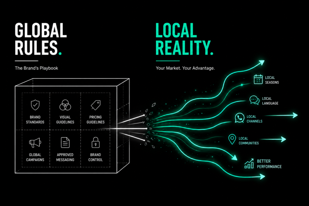 franchise marketing UAE concept showing global brand rules contrasted with local market adaptation strategies
