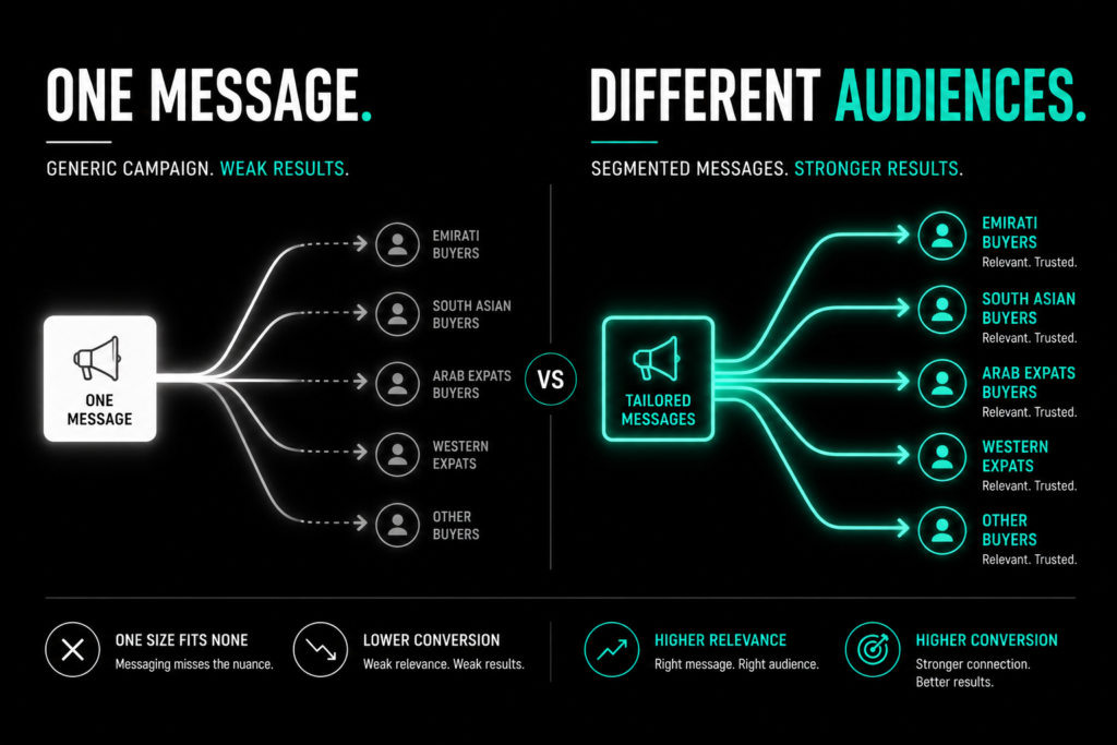 UAE digital marketing concept showing one generic campaign versus segmented messaging for different audience groups improving conversion