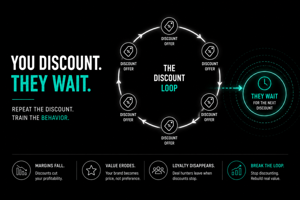 UAE pricing strategy concept showing discounting loop where repeated offers train customers to wait instead of buying at full price