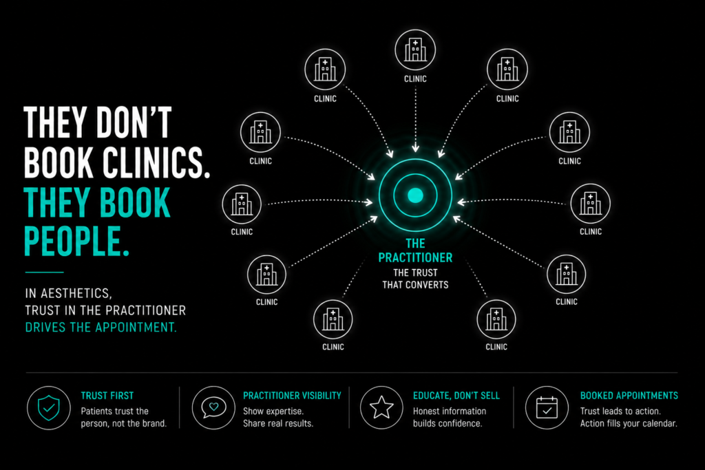 UAE aesthetic clinic marketing concept showing patients choosing trusted practitioners over clinic brands for treatment decisions