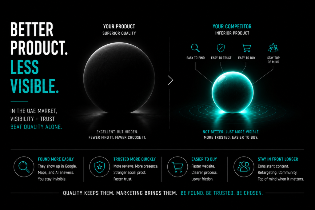 UAE marketing strategy concept showing superior product losing to competitor with higher visibility trust and easier buying experience