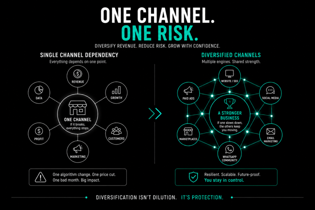 UAE business strategy concept showing risk of relying on a single revenue channel compared to diversified marketing channels for stability and growth