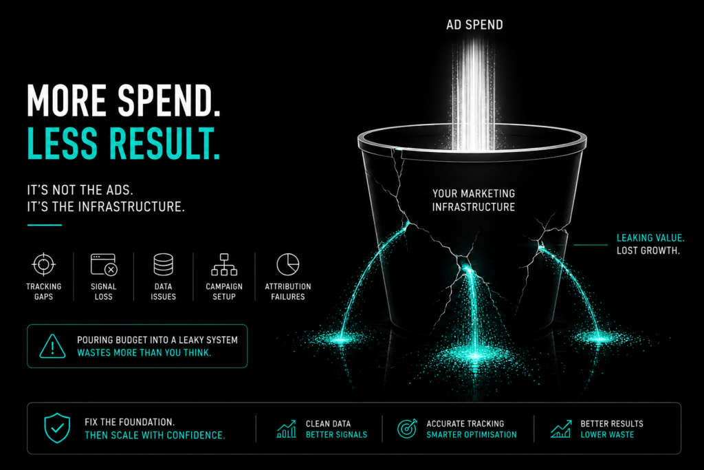 UAE digital marketing concept showing ad spend leaking from a broken system due to poor tracking data and campaign infrastructure inefficiencies