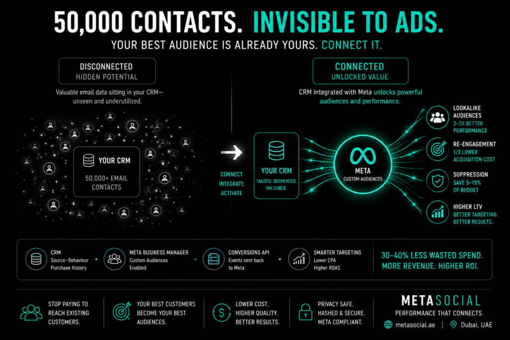 UAE marketing concept showing hidden email contacts in CRM becoming visible and valuable through Meta custom audience integration for better targeting and ROI