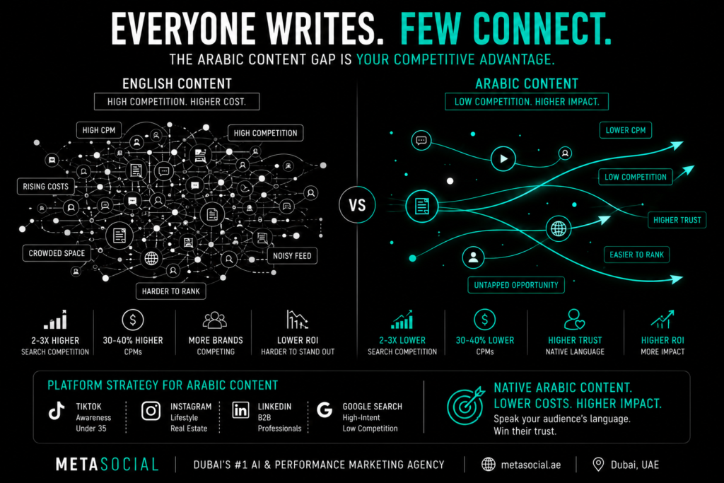 UAE digital marketing concept showing crowded English content market versus low competition Arabic content opportunity delivering higher ROI and lower advertising costs