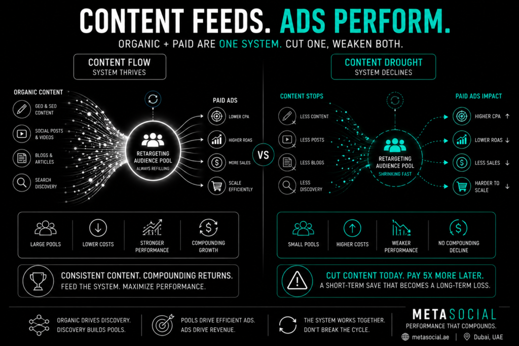 UAE digital marketing concept showing continuous content flow feeding retargeting audiences versus declining performance when organic content stops