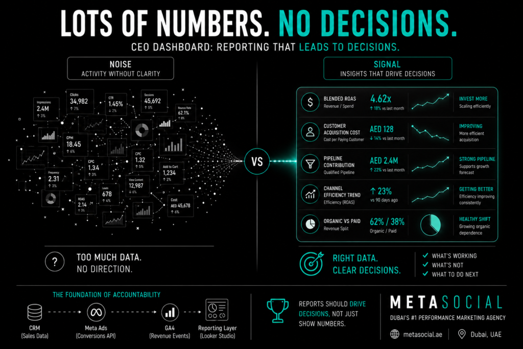 UAE marketing dashboard concept showing scattered data noise versus a clear focused signal representing decision driven reporting and actionable insights