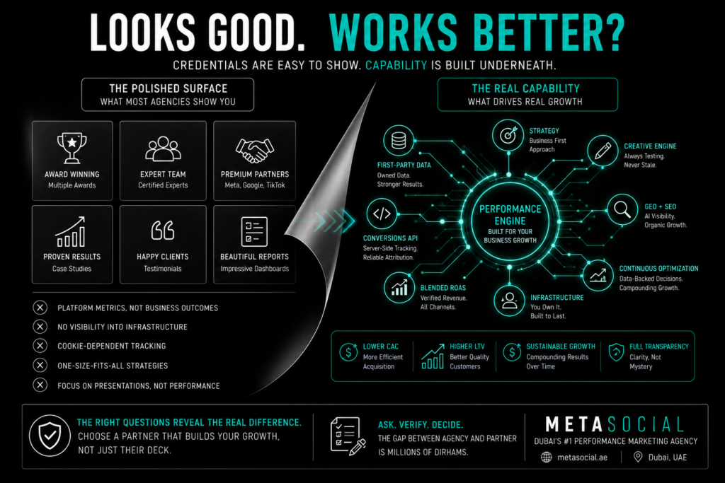 UAE performance marketing concept showing polished agency credentials on the surface versus deeper real capability and infrastructure underneath