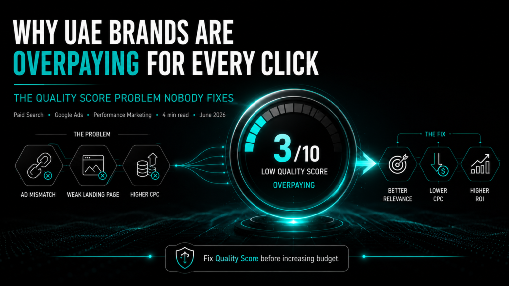 UAE brands overpaying for Google Ads clicks due to low Quality Score, shown through a dark teal performance marketing dashboard visual.